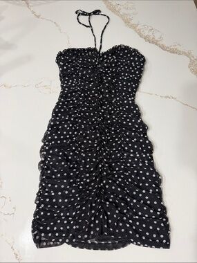 Urban Outfitters Black and White Polka Dot Halter Ruched Mini Dress | M